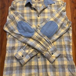 Yellow and Gray Plaid Men's Shirt with Blue Elbow Patches
